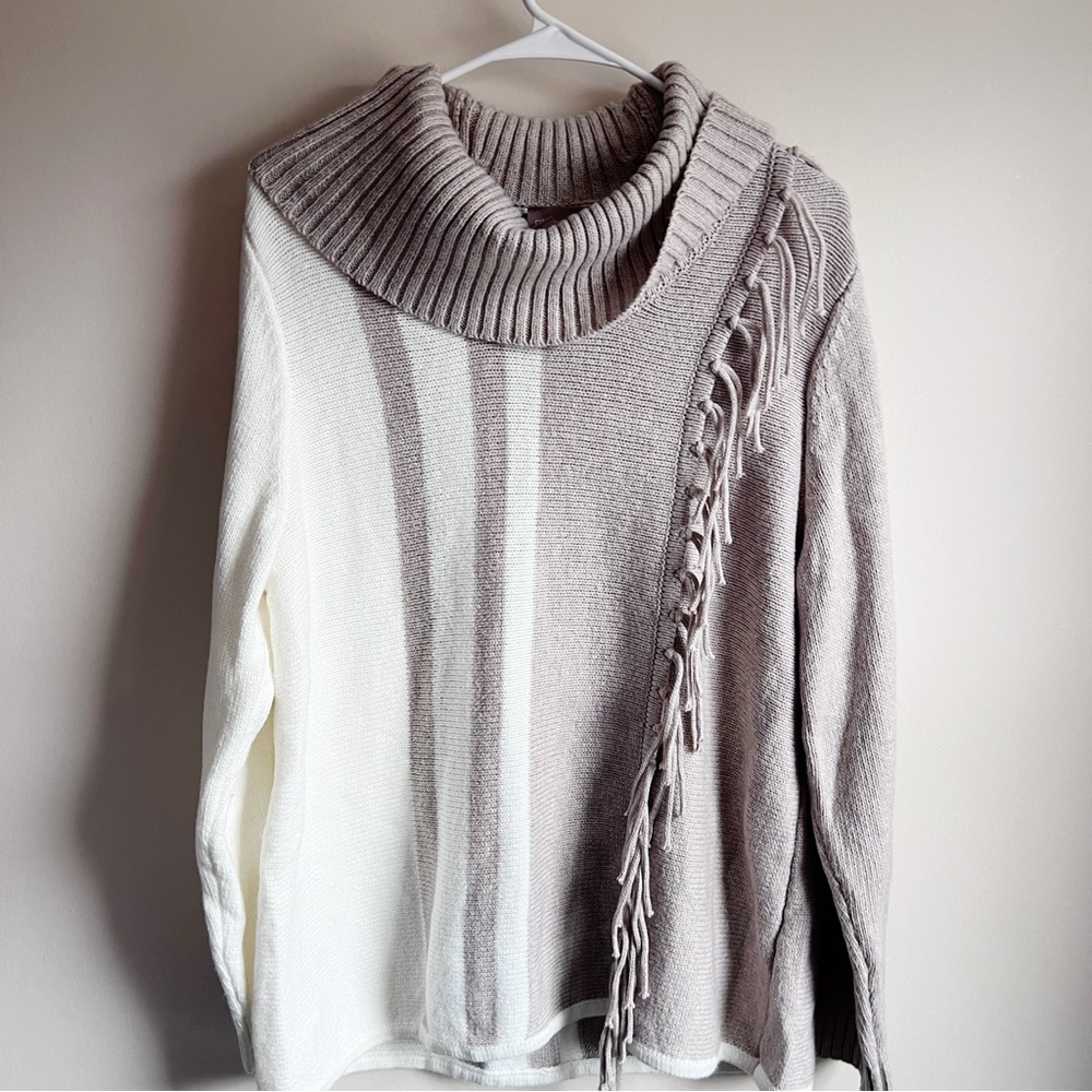 Chicos Tan Cream Colorblock Fringe Cowlneck Pullover Sweater - Picture 2 of 6